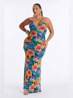 Tropical Halter Mesh Maxi Dresa